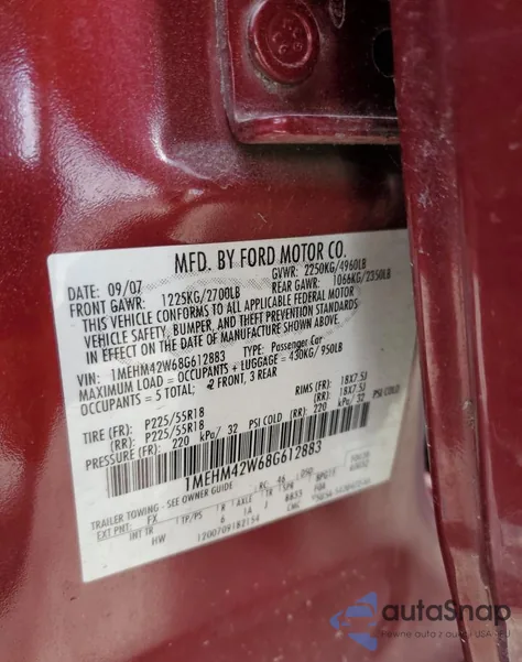 2008 Mercury Sable Premier from USA, damaged, VIN 1MEHM42W68G612883